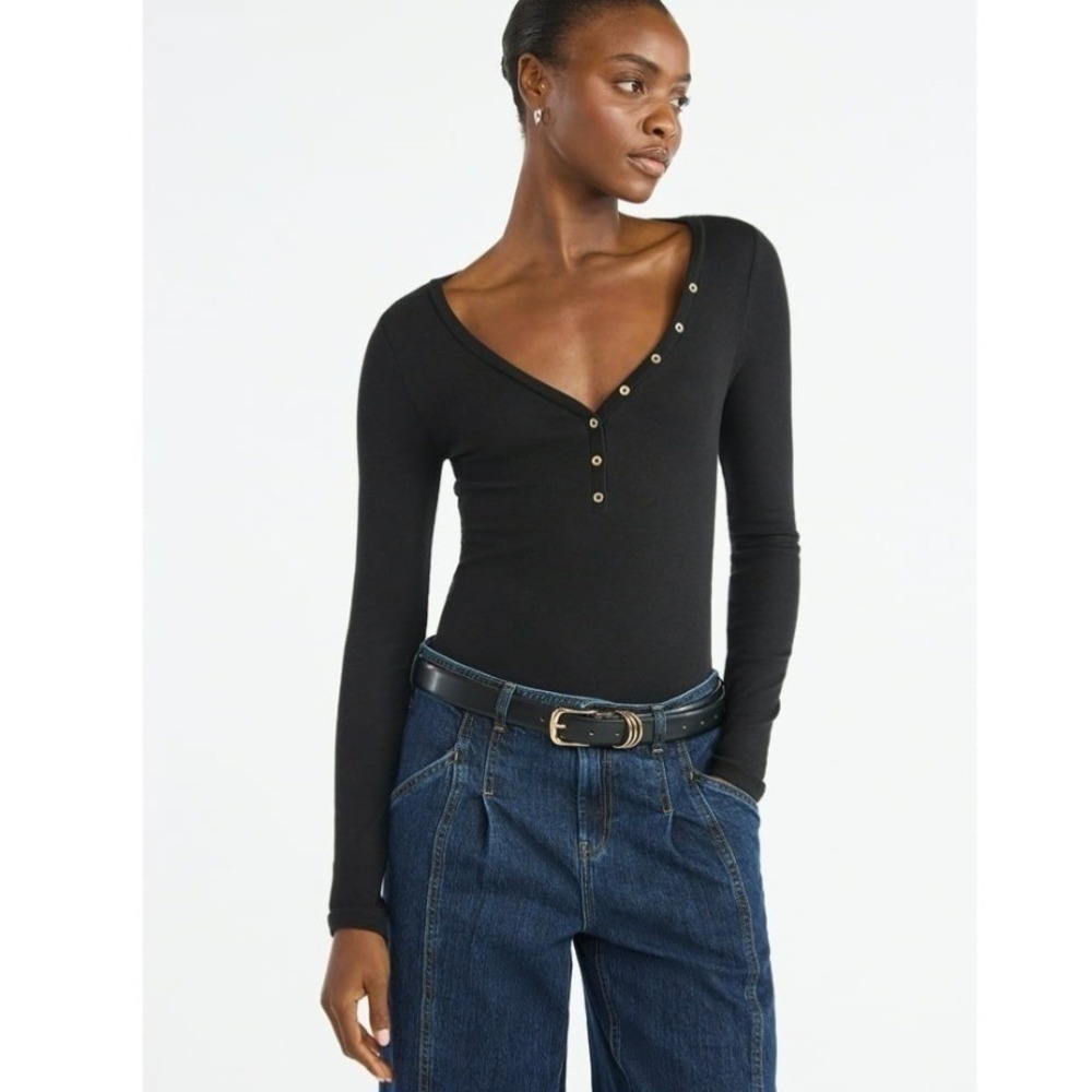 Scoop Long Sleeve Button V-Neck Ribbed Top Black Size‎ Large (12-14) New NWT